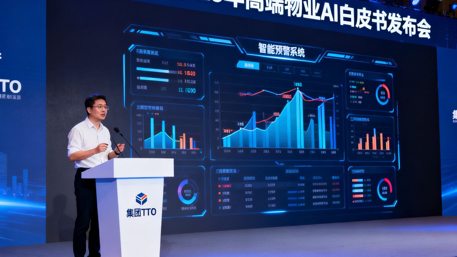 tyc贵宾会2025年高端物业AI白皮书发布会现场，演讲台上集团CTO正在演示智能预警系统的实时数据大屏