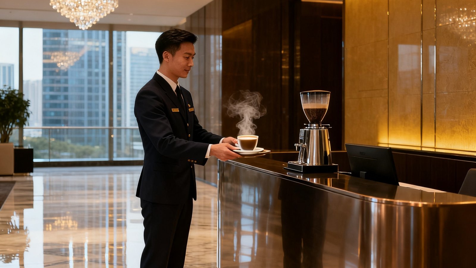 tyc贵宾会管家身着深色制服，在超甲级写字楼前台区域为来访客人递送根据其口味偏好准备的定制咖啡，背景是简约奢华的接待大厅
